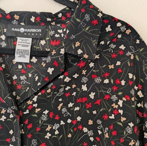 Vintage Sag Harbor Black Floral Button Up Collared Top sz 1X 90s Casual - Picture 8 of 8